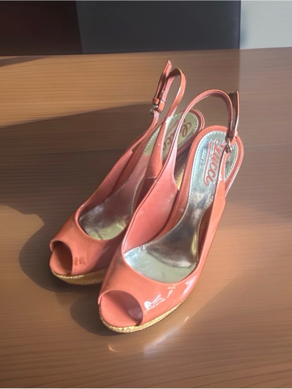 Gucci Coral Open-Toe Slingback Wedges